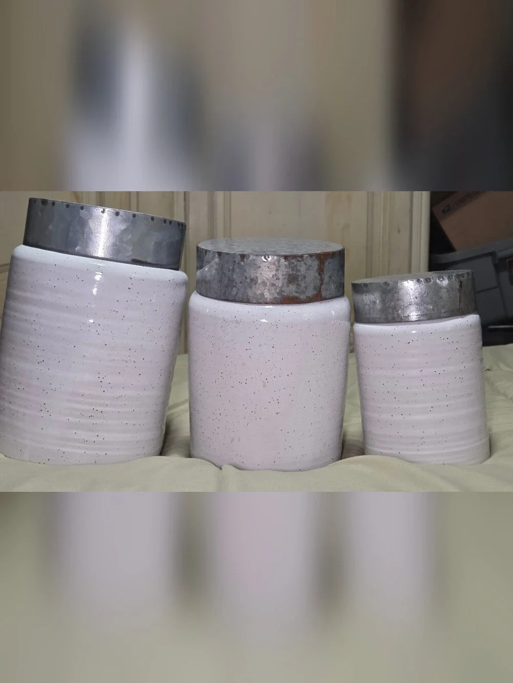 Set of 3 White Speckled Ceramic Canisters w/ Galvanized Metal Lids Farmhouse Kit